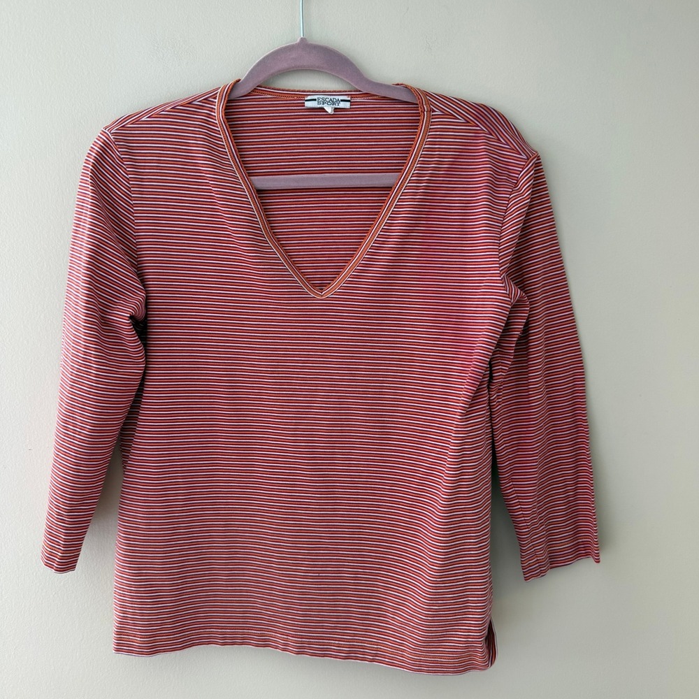 Escada Sport Womens Red Orange Striped V-Neck Long Sleeve Top Size L Cotton